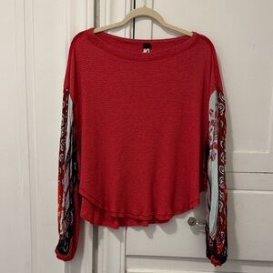 We The Free Red Long Sleeve Top with Patterned Sleeves